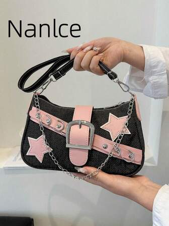 Y2K Biker Chic Retro Star Underarm Baguette Bag, Suitable For Music Festivals, Parties And Events For Women
