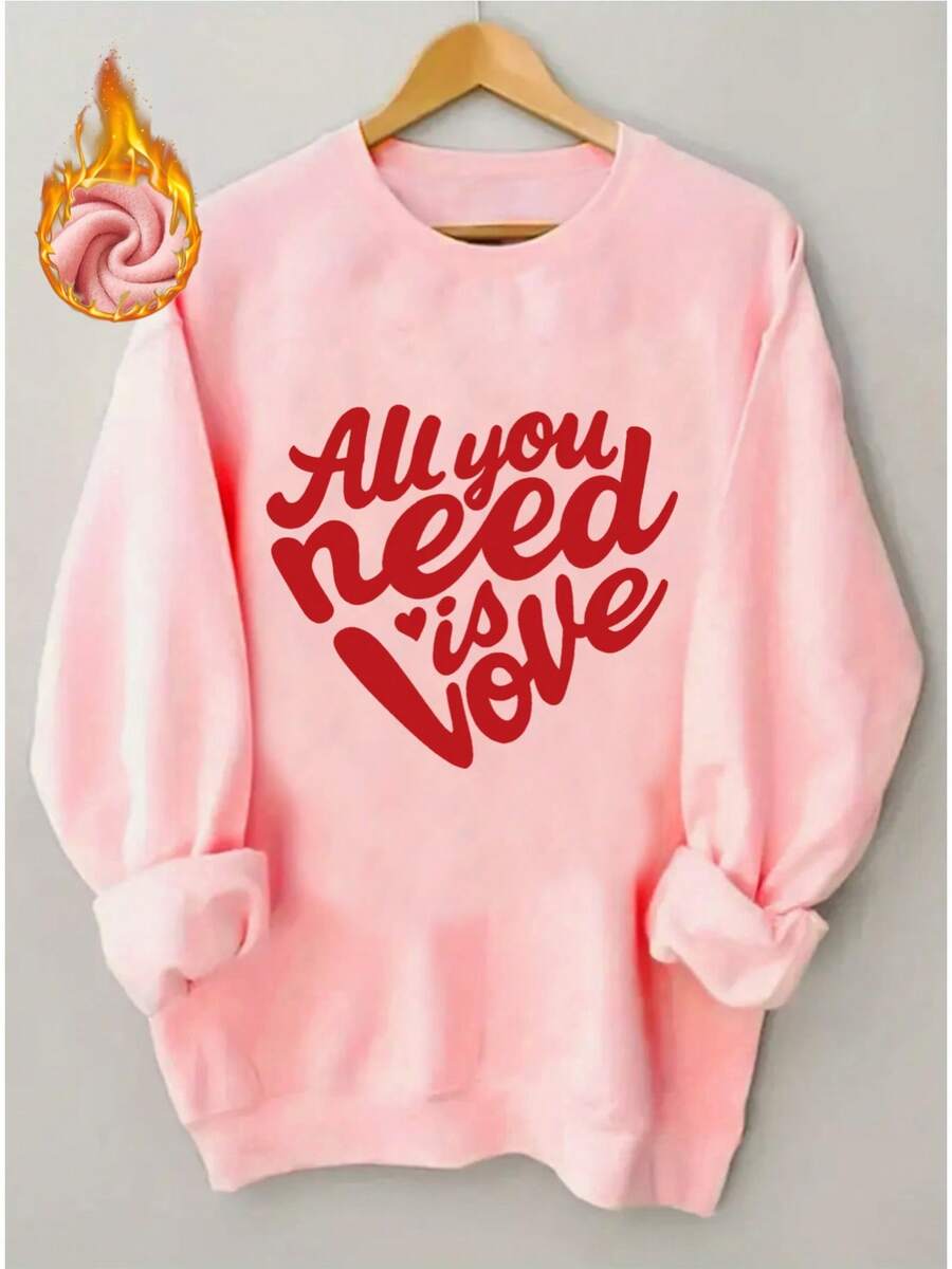 2026 New Year Cotton Sweatshirt For Women Pink 'All You Need Is Love' Red Cursive Letter Hoodie - Thick Pullover Sweater With Heart Decoration, Pink And Red Valentine's Day Sweater, Casual Winter Wear, Machine Washable Crew Neck Sweater (Do Not Tumble Dry) - Mature Style Loose And Comfortable Winter Clothes For Women - 粉紅色 - 查看 1