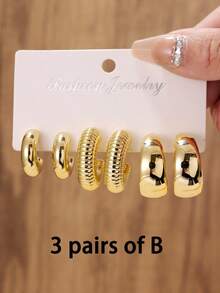 3 pares/9 pares Conjunto de pendientes de aro grueso dorado minimalista y de moda, pendientes de aro gruesos hipoalergénicos para mujeres - Dorado - Ver 8