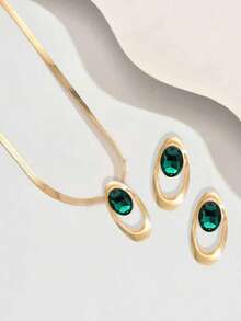3件套优雅创意项链+耳环首饰套装，时尚个性金属几何不对称椭圆形金色吊坠项链，搭配黑色亚克力色块设计，适合日常、节日、派对等场合佩戴。 - 綠色 - 查看 2