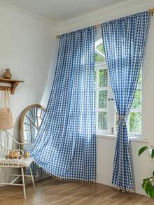 1 buah Tirai Minimalis Bermotif Kotak-kotak Gaya Amerika, Cocok untuk Kamar Tidur, Ruang Tamu, dan Balkon - Kotak-kotak biru - View 14