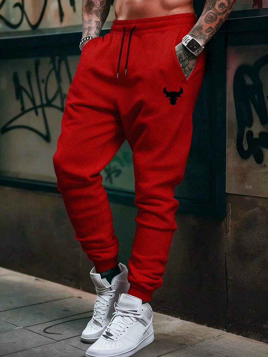 Men's Elastic Waist Drawstring Pants, Lightweight Breathable Sports Trousers, Fashion Sweatpants For Spring & Autumn - Red - View 1