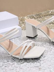 1双女士交叉绑带粗跟高跟凉鞋，法式夏季新款礼服鞋，适合派对、连衣裙等场合，百搭 - 白色 - 查看 5