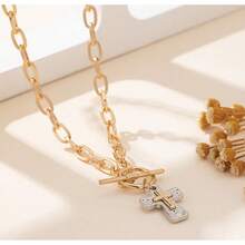 Gold Tone Layered Cross Pendant Necklace With Toggle Clasp, Chunky Chain Choker Style Statement Jewelry For Women, Everyday Accessory For Date Night, Party Looks, Valentines, Mom And Mother's Day Gift - 金色 - 查看 4