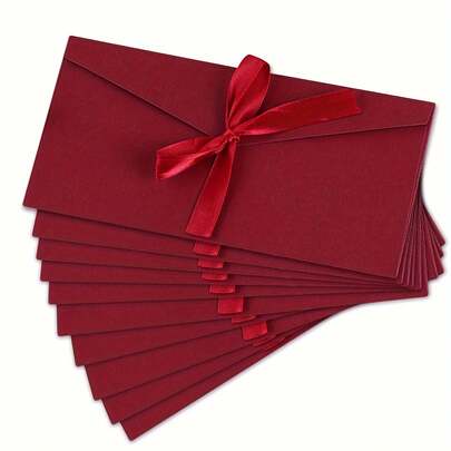 5pcs Elegant Red Kraft Envelopes With Bows - Vintage Style, Self-Sealing Paper For Weddings, Thanksgiving, Birthdays, And Holiday Cards, Perfect For Party Invitations And Special Occasions, Wedding Stationery |   Vintage Envelope Design |   Decorative Bows, Wedding Invitations X1NI