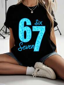 Camiseta azul 67 con divertido, camisetas gráficas para mujeres, tops cortos, conjuntos de verano para mujeres, tops de verano, camiseta - Negro - Ver 8