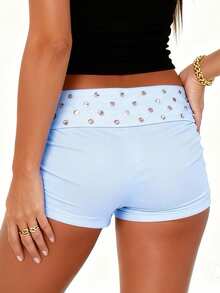 Women's Folded Rivet Shorts - Màu xanh lam - Xem 2