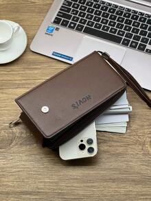 HOVI'S 男士长款拉链手拿包 - 磁扣设计，便携腕带，大容量口袋，可装手机和卡片 - 棕色 - 查看 6