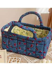 1pc Vintage Floral Print Quilted Diaper Caddy, Toy Storage Basket, Embroidered Diaper Organizer For Newborns, Toys And Supplies - Multicolor - View 14