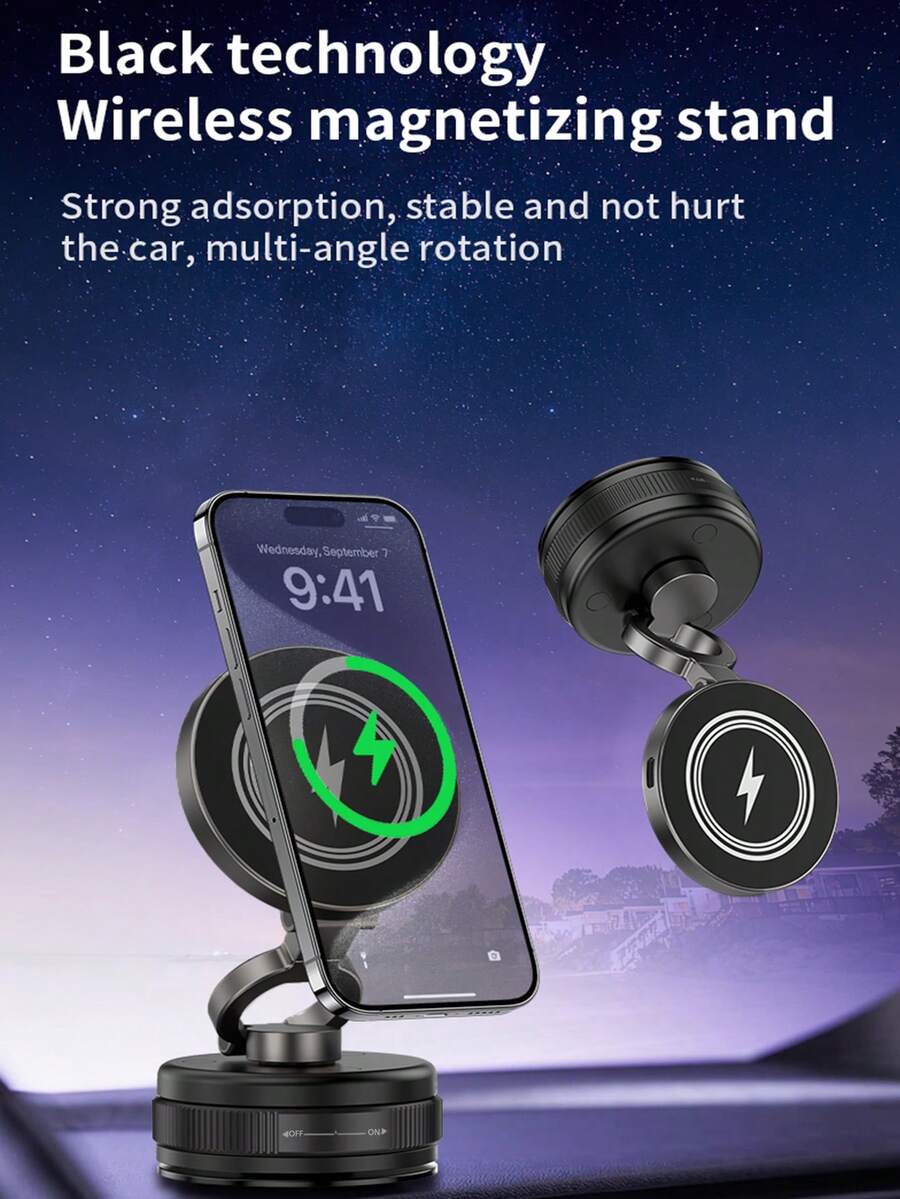 无线充电器，磁吸式车载手机充电器，360°旋转可折叠手机支架充电器 - 黑色 - 查看 1