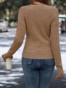 Women's Black Y2K Wrap-Front V-Neck Knit Sweater - Long Sleeve Textured Soft Girl Aesthetic Top, Stretchy Cozy Knitwear For Daily Streetwear & Casual Outfits, Asymmetrical Wrap Design, Ribbed Texture For Chic Vibe, Versatile Match With High-Waisted Jeans & Skirts, Ideal For Leisure Hangouts & Urban Street Style, Comfortable Breathable Fabric, Retro Y2K-Inspired Apparel - 駝色 - 查看 3