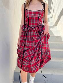 Women Summer Plaid Midi Cami Dress Backless Spaghetti Strap Ruffle Long Elegant Dress - 紅色 - 查看 6