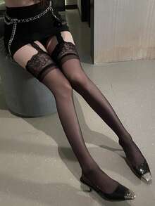 1双性感黑色蕾丝吊袜带，时尚女士连裤袜，适合春秋季穿着
