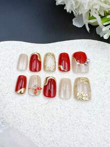 10片手工美甲贴纸，红色短梯形，香氛风格，法式美甲，按压式美甲贴纸，适合新年、情人节、UV灯美甲、夏季、日常佩戴，优雅设计，高端法式风格，凝胶抛光