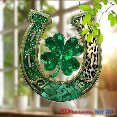 2D Flat, 1pc, Lucky Horseshoe & Clover Sunlight Catcher, St. Patrick's Day, Clover Lucky Charm Symbol, Irish Themed Garden, Wall Decor, Farmhouse Style, Club, Unique Home Decor, St. Patrick's Day Gift, No Electricity Required