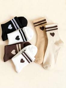 1/6 双装女士卡其色条纹爱心中筒袜 - 简约、舒适、休闲、柔软 - 适合日常穿着、运动和校园风格 - 彩色 - 查看 5