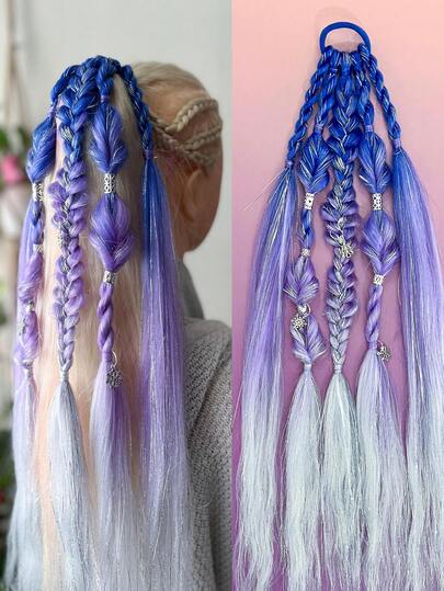 Kids 1pc Color Bubble Braid Synthetic Wig Fashion Hip-Hop Color Gradient Girls Wig Simulation Natural High Temperature Hair