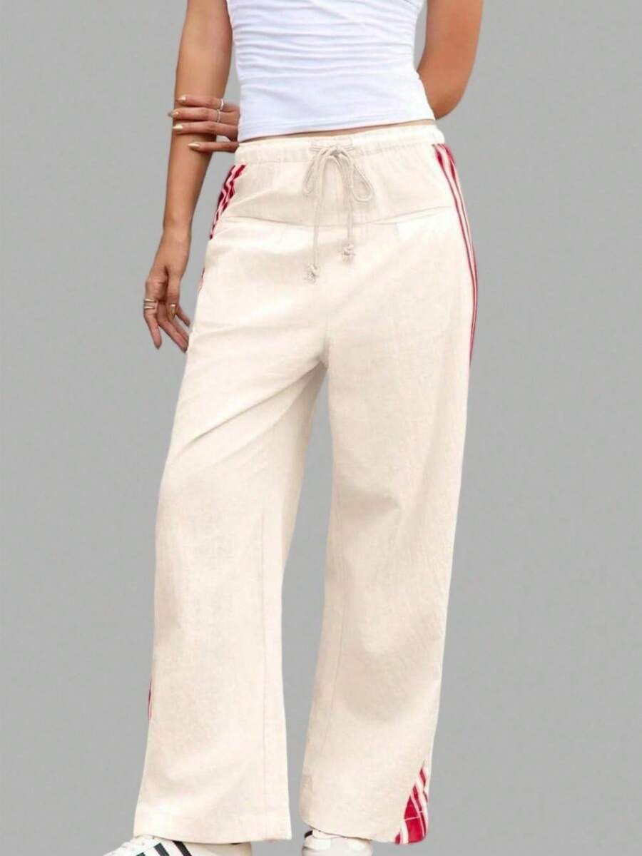 Women's High Waist Baggy Wide Leg Track Pants Drawstring Striped Palazzo Pants With Pockets - 紅色 - 查看 1