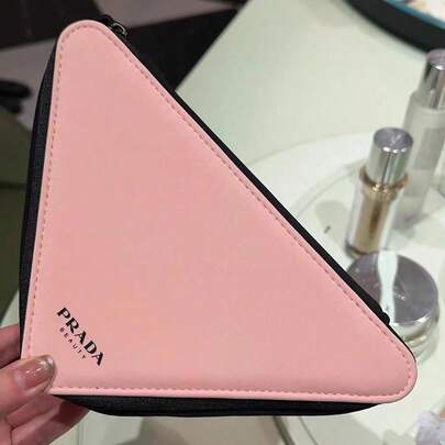 Prada Materiel Light Luxury Style Pink And Black Color-Blocked Triangle Makeup Bag, Leather Bag Edge Zipper Storage Bag, Portable Beauty Bag, Holiday Gift, Travel Storage, Daily Travel, Four-Season Style