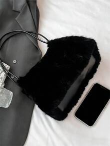 2025新款女士毛绒手提包，时尚蓬松单肩包，斜挎毛绒包 - 黑色 - 查看 5