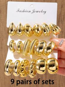 3 pares/9 pares Conjunto de pendientes de aro grueso dorado minimalista y de moda, pendientes de aro gruesos hipoalergénicos para mujeres - Dorado - Ver 6