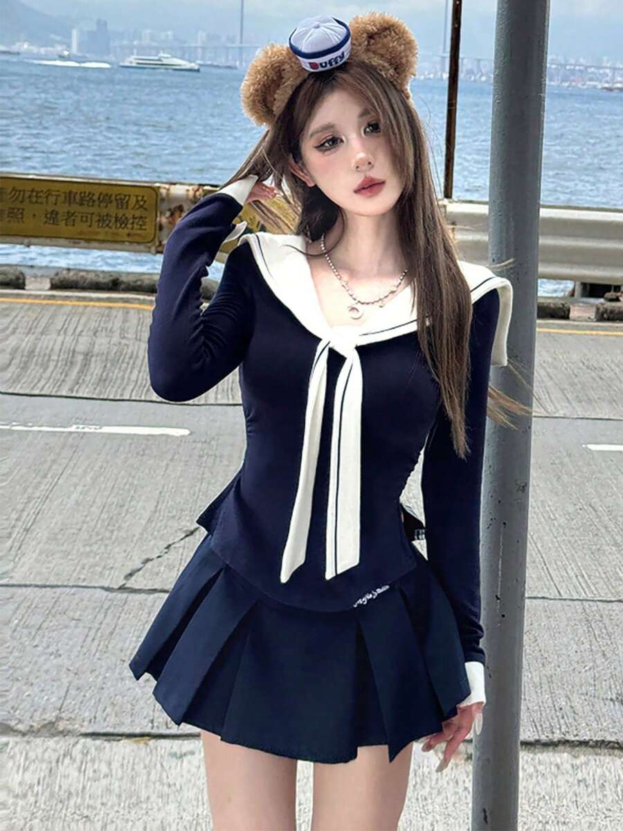 New Women Elastic Knit Long Sleeve Top, Slim Fit Flattering Collegiate Chic Autumn Basic Fitted T-Shirt Camisole - Royal Blue - View 1