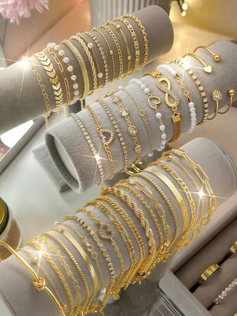 19/12/11 piezas Conjunto de pulseras para mujer, de estilo vintage bohemio minimalista elegante y de moda, con perlas falsas, corazones, aviones y cadenas multicapa doradas de aleación de zinc, adecuado para vacaciones, fiestas, citas, regalos, uso diario, Halloween, Navidad, Día de San Valentín