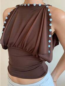 New Stylish & Elegant Women Open Shoulder Adjustable Button Collar Blouse, Sexy Casual Everyday Wear, Suitable For All Seasons Summer - Brown - View 3