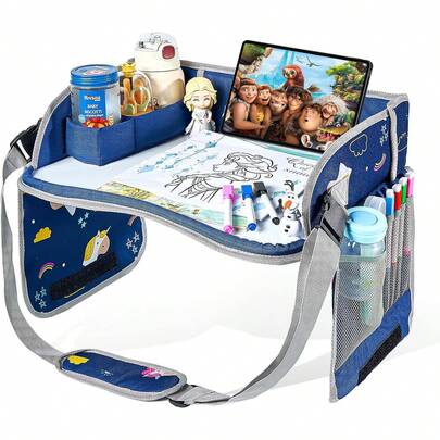 MOSNOW Bandeja para Asiento de Coche, Bandeja de Viaje para Niños, Mesa de Coche para Niños, con Bolsa de Almacenamiento, Plegable y con Almacenamiento, Imprescindible para Viajes en Coche y Avión