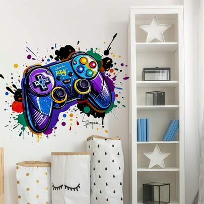 Pegatina de pared autoadhesiva con estampado de controlador de juegos con graffiti colorido y estilo punk para decorar la sala de estar, el dormitorio, el estudio, el café de Internet, etc.