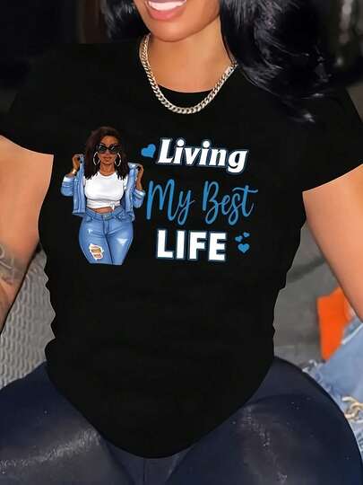 Camiseta Negra de Talla Grande para Mujeres - Gráfico "Living My Best Life" con Impresión de Carácter Estilosa, Manga Corta, Cuello Redondo, Tela de Estiramiento Medio, Lavable a Máquina, Camisetas de Talla Grande