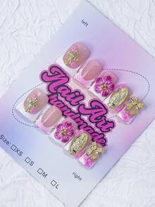 10片/套 手工鸭嘴形美甲贴片，Y2K 酷炫风格，裸色和白色扎染法式美甲贴片，饰有花朵、蝴蝶、棒棒糖、蝴蝶结、天使、水钻图案，适合女性和女孩，可用于派对、婚礼、日常佩戴（贴片颜色随机发货）美甲用品 - 白色 - 查看 3