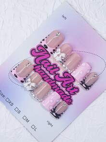 10片Y2K风格3D白色花朵短鸭嘴美甲贴片，手工法式美甲假指甲，带有3D白色花朵元素和闪亮水钻，甜美可爱，夏秋必备，适合日常、旅行、派对，是送给女性和女孩的绝佳美甲用品。 - 淺粉色 - 查看 2