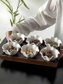 1pc/2pcs/4pcs Japanese Style Simple White Ceramic Bowls, Rolled Edge Sauce Dishes, Hong Kong Style Dessert Fruit Salad Bowls, Flower Shaped Ice Cream Pudding Bowls - Multicolor - View 3