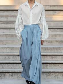 Mens Buttons Puff Long Sleeve Blouse Sheer Tops Shirt Elastic Waist Long Pants Wide Leg Trousers Casual 2PCS Sets Outfits - 藍色 - 查看 1