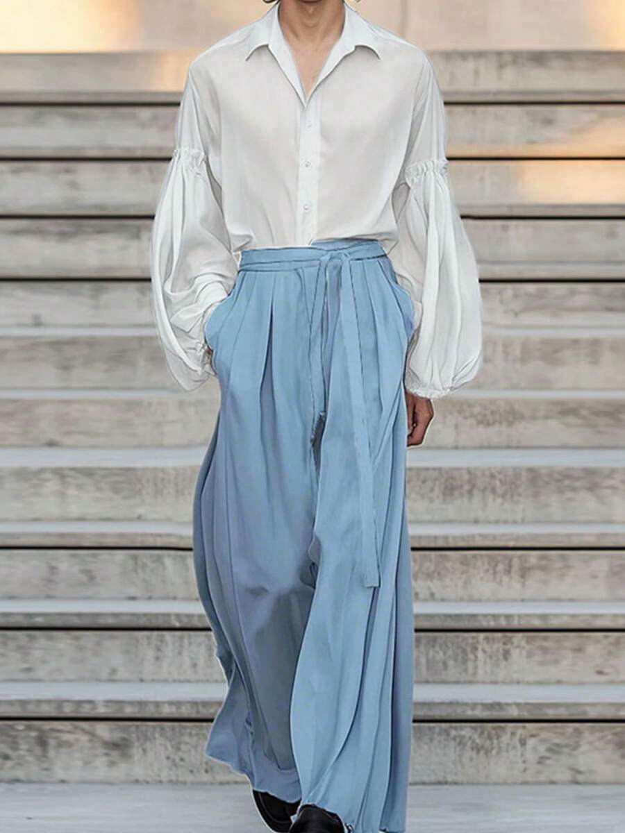 Mens Buttons Puff Long Sleeve Blouse Sheer Tops Shirt Elastic Waist Long Pants Wide Leg Trousers Casual 2PCS Sets Outfits - 藍色 - 查看 1