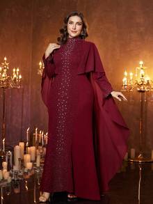 UNITHORSE Plus Women's Stand Collar Floating Piece Long Sleeve Heavy Industry Hot Drilling Slim-Fitting Butt-Hugging Knit Burlap Evening Dress - Burgundy - View 4