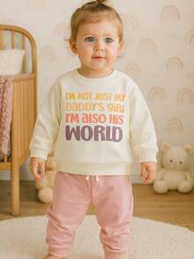 2pcs Baby/Toddler Girls Casual Crew Neck Long Sleeve Letter Print Sweatshirt And Drawstring Pocket Pants Set, Autumn/Winter - Apricot - View 3