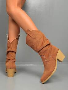 Plus Size Women Slip-On Ankle Boots, Comfortable Suede Mid-Calf Slouch Boots - Burnt Orange - View 6