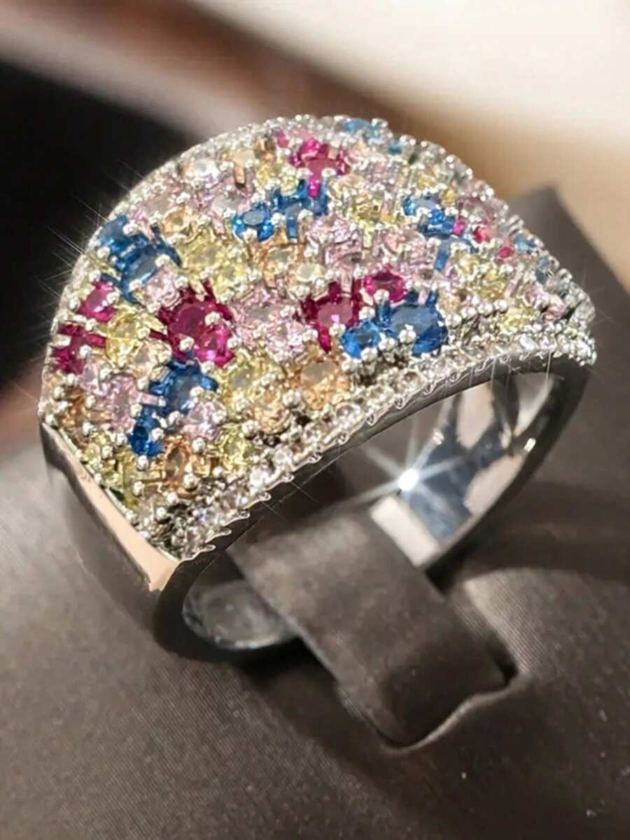 1 pieza Anillo de zirconia cúbica glamoroso para mujer para boda, compromiso, aniversario, fiesta, joyería, regalo del Día de San Valentín - 1# - Ver 1