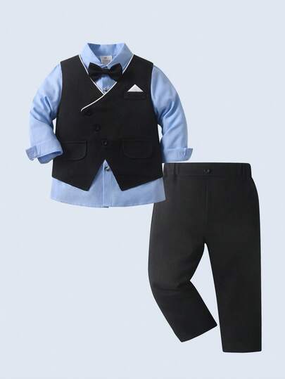 BOARNSEORL Baby Boys 3-Piece Gentleman Outfit - Blue Long Sleeve Shirt, Black Vest With Bow Tie, Black Pants, Fashionable & Elegant For Birthday Party, Wedding, Christening, Formal Events