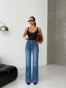 SQUALO Women's Wide Leg Color With Pocket Details Destroyed Retro Washed Street Style Jeans Ripped And Cutout Wide Leg Jeans ,Petite Women - Navy Blue - View 2