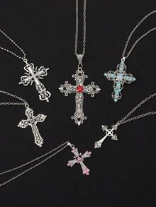 9pcs Y2K Punk Faux Crystal Big Cross Necklaces, Gothic Asymmetrical Cross Choker Necklaces For Men & Women, Aesthetic Jewelry - Multicolor - View 12