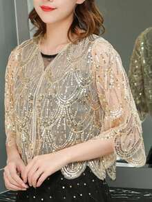 1pc Handmade Beaded & Sequin Embellished Shawl, 190s Mid-Sleeve Cardigan, Versatile For Weddings, Parties, And Everyday Wear - Champagne - View 13