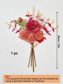 1 Bunch Artificial Flowers Mixed Silk Dandelion Eucalyptus Chrysanthemum Flower Bouquets Fake Flowers For Fall Decor Home Wedding Room Decor Table Centerpieces - Red - View 10