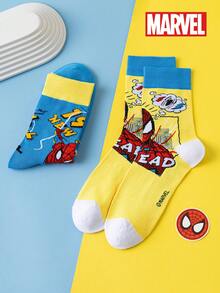 Marvel 2双装蜘蛛侠舒适男士超级英雄袜子 - 柔软透气，中筒袜，弹性好，吸湿排汗，时尚有型 - 非常适合送礼、派对、日常穿着、休闲场合。蜘蛛侠 - 毒液袜子，万圣节袜子 - 彩色 - 查看 7