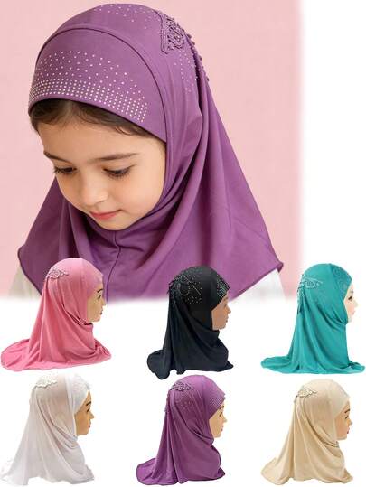 1件装 2-6岁女童花卉蕾丝头巾，儿童伊斯兰阿拉伯围巾披肩头巾，蕾丝头巾伊斯兰阿拉伯围巾披肩头巾，带花朵水钻，儿童伊斯兰阿拉伯围巾披肩头巾，带蕾丝，女童纯色头巾帽