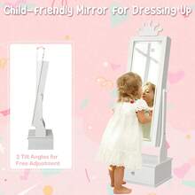 Joyero infantil con espejo LED de cuerpo entero, tocador de princesa independiente con cajones y organizador de joyas, armario de madera con luces para niñas, ideal para cumpleaños. - Blanco - Ver 2