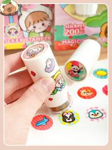 1 Box 200pcs Student Stamp Machine, Cartoon Stamp Stickers, Magical Round Stamp, Magical Stamp Reward Stickers, Cartoon Sticker Reward, DIY Planner Gift Box Cartoon Stamp Pen, Reward Incentive Learning Gift