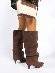Women Knee-High Kitten Heel Boots, Fashionable & Versatile For Autumn/Winter Holidays - 174-bROWN - View 2